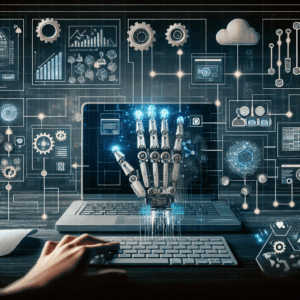 An intricately designed robotic hand emerges from a laptop keyboard, surrounded by a digital interface featuring graphs, gears, and cloud icons. The background is filled with an array of technological symbols and data visualizations, creating a futuristic atmosphere. A human hand is visible on the keyboard, suggesting interaction with the machine. The overall image conveys a synthesis between technology and human engagement in a digital environment.
