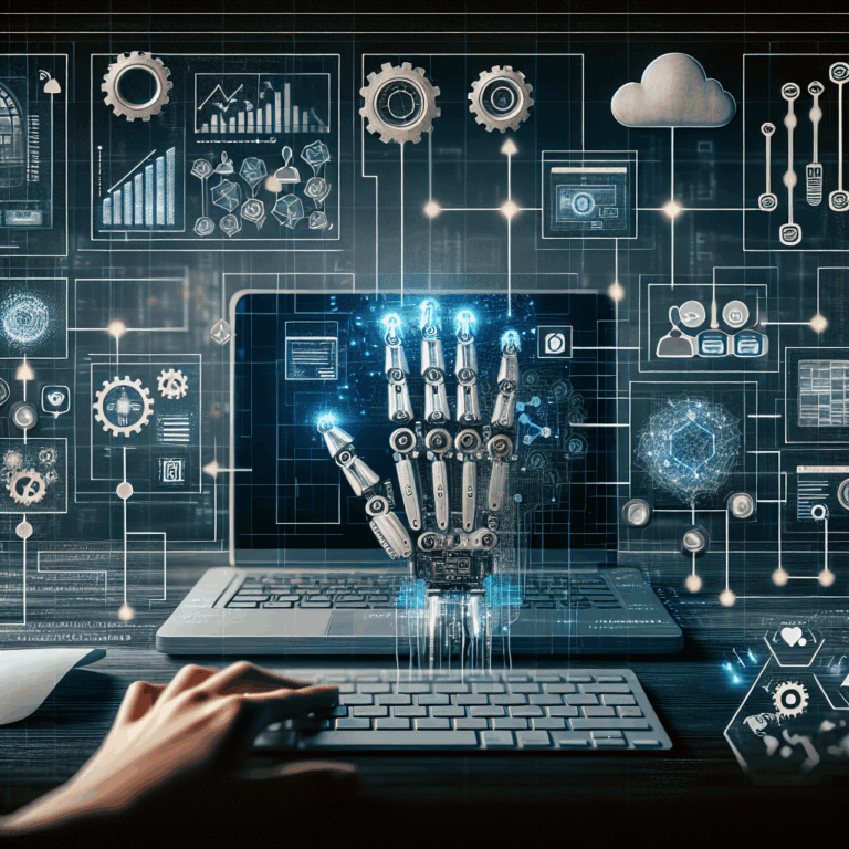An intricately designed robotic hand emerges from a laptop keyboard, surrounded by a digital interface featuring graphs, gears, and cloud icons. The background is filled with an array of technological symbols and data visualizations, creating a futuristic atmosphere. A human hand is visible on the keyboard, suggesting interaction with the machine. The overall image conveys a synthesis between technology and human engagement in a digital environment.